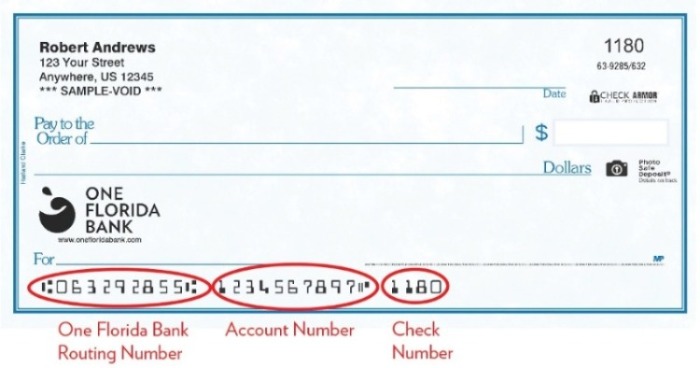 Sample One Florida Bank check with routing number circled.